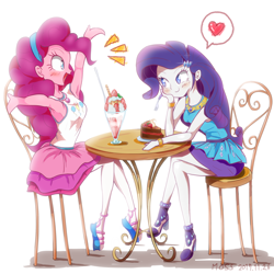 Size: 1400x1400 | Tagged: safe, artist:fromamida, character:pinkie pie, character:rarity, species:eqg human, ship:raripie, g4, blushing, cake, chair, duo, heart, ice cream, lesbian, smiling, sundae, table