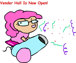 Size: 1948x1612 | Tagged: safe, artist:riddleoflightning, oc, g4, comic sans, glasses, humanized, party cannon, pinkie pie costume, simple background, solo, text, transparent background