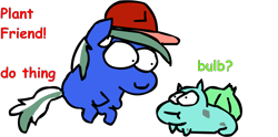 Size: 1903x942 | Tagged: safe, artist:riddleoflightning, oc, species:earth pony, species:pony, g4, bean pony, bulbasaur, clothing, comic sans, crossover, hat, pokémon, simple background, solo, text, transparent background