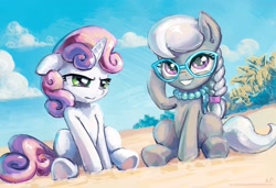 Size: 1900x1300 | Tagged: safe, artist:kp-shadowsquirrel, character:silver spoon, character:sweetie belle, species:earth pony, species:pony, species:unicorn, g4, beach, cloud, female, filly, glasses, jewelry, necklace, pearl necklace, sand, sitting, sky, smiling