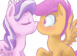 Size: 2040x1500 | Tagged: safe, artist:kinkypinkie, character:diamond tiara, character:scootaloo, species:earth pony, species:pegasus, species:pony, g4, duo, duo female, female, filly, kissing, lesbian, scootiara, shipping, tiara