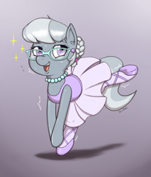 Size: 844x992 | Tagged: safe, artist:i am nude, character:silver spoon, species:earth pony, species:pony, g4, active stretch, ballerina, clothing, cute, diabetes, female, filly, flexible, glasses, happy, jewelry, leotard, lidded eyes, looking at you, necklace, open mouth, pearl necklace, shivering, silverbetes, smiling, solo, sparkles, sweat, tights, tutu
