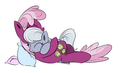Size: 900x544 | Tagged: safe, artist:rainbow-dosh, artist:xioade, character:cheerilee, character:silver spoon, species:earth pony, species:pony, g4, cheeribetes, cuddling, cute, duo, duo female, eyes closed, female, filly, foal, hug, pillow, silverbetes, simple background, snuggling, transparent background