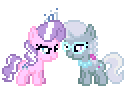 Size: 126x86 | Tagged: safe, artist:botchan-mlp, character:diamond tiara, character:silver spoon, species:earth pony, species:pony, desktop ponies, g4, adorabullies, animated, bump bump sugar lump rump, butt to butt, butt touch, cute, diamondbetes, duo, duo female, female, filly, glasses, pearl necklace, pixel art, silverbetes, simple background, sprite, tiara, transparent background
