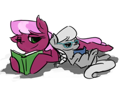 Size: 947x700 | Tagged: safe, character:cheerilee, character:silver spoon, species:earth pony, species:pony, g4, book, cheerispoon, duo, duo female, female, filly, glasses, reading