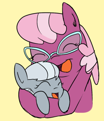 Size: 694x808 | Tagged: safe, artist:tiki2, character:cheerilee, character:silver spoon, species:earth pony, species:pony, g4, accessory swap, cheerispoon, duo, duo female, female, glasses, hug, open mouth, shipping, snuggling