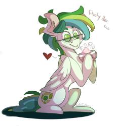 Size: 4500x5000 | Tagged: safe, artist:noneveralways, oc, oc only, oc:shell watch, species:pegasus, species:pony, g4, license:no-reshare, license:see description, absurd resolution, cozy, cute, green, hot chocolate, request, simple background, solo, transparent background
