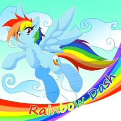 Size: 1000x1000 | Tagged: safe, artist:ragurimo, character:rainbow dash, species:pegasus, species:pony, g4, cloud, feathered wings, feathers, female, flying, rainbow, sky, smiling, solo, solo female, spread wings, tail, wings