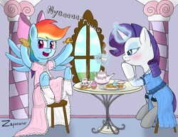 Size: 3850x2975 | Tagged: safe, artist:zaponator, character:rainbow dash, character:rarity, species:pegasus, species:pony, species:unicorn, ship:raridash, g4, blushing, cupcake, dress, duo, fanfic art, frilly dress, lesbian, muffin, rainbow dash always dresses in style, tea, tea party, teacup, teapot, window