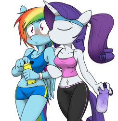 Size: 1004x1025 | Tagged: safe, artist:sandwich-anomaly, character:rainbow dash, character:rarity, species:anthro, ship:raridash, g4, belly button, bellyring, blushing, kissing, lesbian, midriff, piercing, shorts, surprise kiss, tank top, water bottle, white background, yoga pants