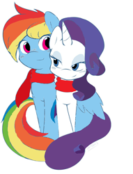 Size: 854x1116 | Tagged: safe, artist:ambris, artist:fionnin4ever, character:rainbow dash, character:rarity, species:pegasus, species:pony, species:unicorn, ship:raridash, g4, blushing, clothing, colored, duo, hug, lesbian, scarf, smiling, white background, winghug