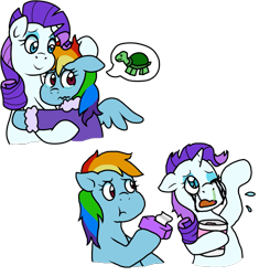 Size: 855x910 | Tagged: safe, artist:stockingstreams, character:rainbow dash, character:rarity, species:pegasus, species:pony, species:unicorn, ship:raridash, g4, comforting, crying, duo, ice cream, lesbian, pictogram, robe, sad, simple background, smiling, tissue, tissue box, tortoise, transparent background