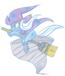 Size: 565x658 | Tagged: safe, artist:bunnimation, character:trixie, species:pony, species:unicorn, g4, flying broomstick, goggles, simple background, smiling, trixie's cape, trixie's hat