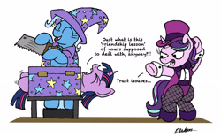 Size: 2286x1413 | Tagged: safe, artist:bobthedalek, character:starlight glimmer, character:trixie, character:twilight sparkle, species:pony, species:unicorn, g4, box sawing trick, dialogue, trixie's cape, trixie's hat