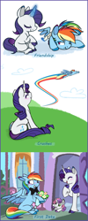 Size: 756x1889 | Tagged: safe, artist:selective-yellow, character:rainbow dash, character:rarity, character:sweetie belle, species:classical unicorn, species:pegasus, species:pony, species:unicorn, ship:raridash, g4, bandage, blushing, bouquet, bow tie, cloud, cloven hooves, comic, crush, date, filly, flower, flying, grass, leonine tail, lesbian, magic, rainbow, smiling, unshorn fetlocks