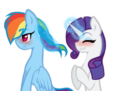 Size: 1600x1200 | Tagged: dead source, safe, artist:sueden-hund, character:rainbow dash, character:rarity, species:pegasus, species:pony, species:unicorn, ship:raridash, g4, blushing, braiding, duo, lesbian, magic, simple background, smiling, transparent background