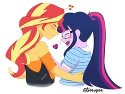 Size: 2584x1952 | Tagged: safe, artist:lilmani8, character:sunset shimmer, character:twilight sparkle, character:twilight sparkle (scitwi), species:eqg human, ship:scitwishimmer, g4, bisexual pride flag, blushing, duo, glasses, heart, leather vest, lesbian, lesbian pride flag, open mouth, ponytail, pride flag, smiling, white background
