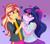 Size: 3000x2648 | Tagged: safe, artist:emera33, character:sunset shimmer, character:twilight sparkle, character:twilight sparkle (scitwi), species:eqg human, ship:scitwishimmer, g4, bisexual pride flag, bow tie, clothing, duo, glasses, grin, heart, holding hands, leather jacket, lesbian, looking at each other, pride flag, skirt