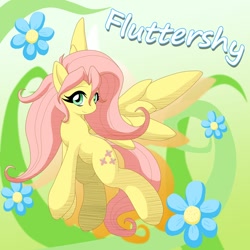 Size: 1000x1000 | Tagged: safe, artist:ragurimo, character:fluttershy, species:pegasus, species:pony, g4, feathered wings, feathers, female, flower, head turn, looking at you, smiling, solo, solo female, spread wings, tail, wings