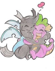 Size: 1140x1461 | Tagged: safe, artist:thorinstrawberry, character:spike, character:thorax, species:changeling, species:dragon, ship:thoraxspike, episode:the times they are a changeling, g4, my little pony: friendship is magic, cuddling, duo, gay, heart, hug, simple background, smiling, snuggling, traditional art, transparent background