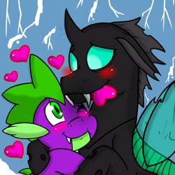 Size: 2048x2048 | Tagged: safe, artist:yaoilover113, character:spike, character:thorax, species:changeling, species:dragon, ship:thoraxspike, g4, blushing, gay, heart, hug, smiling