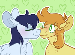 Size: 2160x1588 | Tagged: safe, artist:connorbal, character:braeburn, character:soarin', species:earth pony, species:pegasus, species:pony, ship:soarburn, g4, blushing, boop, eyes closed, gay, heart, noseboop, nuzzling