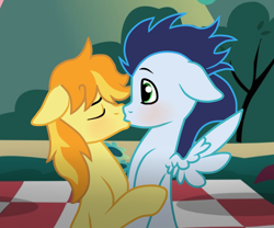 Size: 1000x830 | Tagged: dead source, safe, artist:missxxfofa123, character:braeburn, character:soarin', species:earth pony, species:pegasus, species:pony, ship:soarburn, g4, blanket, blushing, duo, french kiss, gay, kissing, picnic, tree