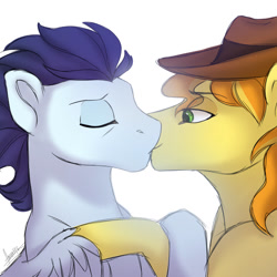 Size: 1024x1024 | Tagged: safe, artist:scorpion-89, character:braeburn, character:soarin', species:earth pony, species:pegasus, species:pony, ship:soarburn, g4, cowboy hat, duo, gay, kissing, simple background, white background