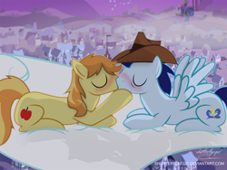 Size: 2564x1932 | Tagged: safe, artist:shutterflyeqd, character:braeburn, character:soarin', species:earth pony, species:pegasus, species:pony, ship:soarburn, g4, accessory swap, blushing, cloud, cowboy hat, duo, gay, kissing, night, ponyville