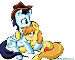 Size: 2977x2394 | Tagged: safe, artist:akatsukibritt, character:braeburn, character:soarin', species:earth pony, species:pegasus, species:pony, ship:soarburn, g4, accessory swap, blushing, cowboy hat, cuddling, duo, gay, simple background, smiling, snuggling, transparent background