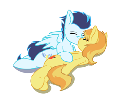 Size: 1280x1077 | Tagged: dead source, safe, artist:duop-qoub, character:braeburn, character:soarin', species:earth pony, species:pegasus, species:pony, ship:soarburn, g4, duo, gay, kissing, simple background, transparent background