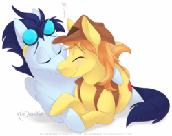 Size: 784x621 | Tagged: safe, artist:kendraw, character:braeburn, character:soarin', species:earth pony, species:pegasus, species:pony, ship:soarburn, g4, commission, cowboy hat, duo, eyes closed, gay, goggles, heart, kissing, prone