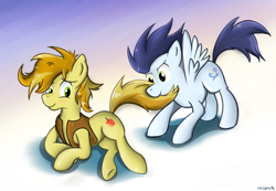 Size: 1400x966 | Tagged: safe, artist:milanoss, character:braeburn, character:soarin', species:earth pony, species:pegasus, species:pony, ship:soarburn, g4, blushing, duo, gay, tail bite, teenager