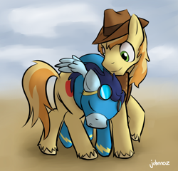 Size: 1298x1248 | Tagged: safe, artist:johnnoz, character:braeburn, character:soarin', species:earth pony, species:pegasus, species:pony, ship:soarburn, g4, carrying, cowboy hat, duo, eyes closed, gay, goggles, smiling