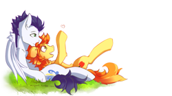 Size: 1091x612 | Tagged: dead source, safe, artist:imspainter, character:braeburn, character:soarin', species:earth pony, species:pegasus, species:pony, ship:soarburn, g4, duo, gay, grass, heart, on back, open mouth, smiling, snuggling