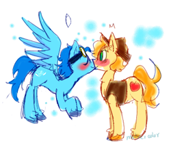 Size: 500x450 | Tagged: dead source, safe, artist:muffychan83, character:braeburn, character:soarin', species:earth pony, species:pegasus, species:pony, ship:soarburn, g4, blushing, duo, flying, gay, kissing