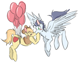 Size: 1280x1015 | Tagged: dead source, safe, artist:cleppyclep, character:braeburn, character:soarin', species:earth pony, species:pegasus, species:pony, ship:soarburn, g4, balloon, blushing, cowboy hat, cowboy vest, duo, flying, gay, kissing, simple background, white background