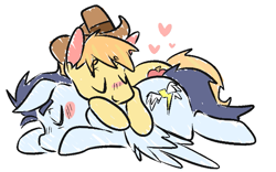 Size: 755x472 | Tagged: dead source, safe, artist:cleppyclep, character:braeburn, character:soarin', species:earth pony, species:pegasus, species:pony, ship:soarburn, g4, blushing, cowboy hat, cuddling, duo, gay, heart, sleeping, snuggling