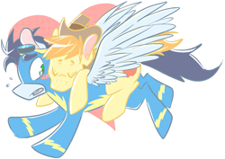 Size: 1213x857 | Tagged: dead source, safe, artist:cleppyclep, character:braeburn, character:soarin', species:earth pony, species:pegasus, species:pony, ship:soarburn, g4, blushing, carrying, duo, gay, heart, wonderbolts uniform