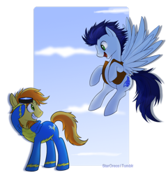 Size: 900x947 | Tagged: safe, artist:mn27, character:braeburn, character:soarin', species:earth pony, species:pegasus, species:pony, ship:soarburn, g4, accessory swap, cowboy vest, duo, flying, gay, goggles, grin, open mouth, salute, sky, wonderbolts uniform