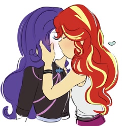 Size: 1079x1070 | Tagged: safe, artist:horsegirlpodcast, character:rarity, character:sunset shimmer, species:eqg human, ship:sunsarity, g4, blushing, clothing, duo, heart, kissing, lesbian, shirt