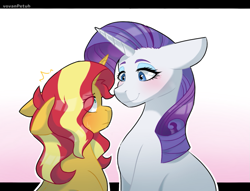 Size: 1047x800 | Tagged: safe, artist:vovanpetuh, character:rarity, character:sunset shimmer, species:pony, species:unicorn, ship:sunsarity, g4, blushing, duo, eye clipping through hair, gradient background, height difference, lesbian, letterboxing, looking at each other, sweat, sweatdrop