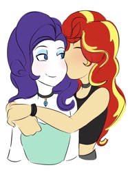 Size: 908x1222 | Tagged: safe, artist:horsegirlpodcast, character:rarity, character:sunset shimmer, species:eqg human, ship:sunsarity, g4, blushing, duo, eyes closed, kiss on the cheek, kissing, lesbian, necklace, smiling