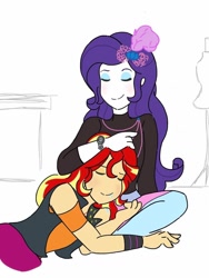 Size: 768x1024 | Tagged: safe, artist:horsegirlpodcast, character:rarity, character:sunset shimmer, species:eqg human, ship:sunsarity, episode:display of affection, g4, my little pony:equestria girls, cuddling, drool, duo, eyes closed, head on lap, lesbian, sitting