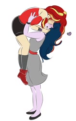 Size: 806x1280 | Tagged: safe, artist:horsegirlpodcast, character:sunset shimmer, character:twilight sparkle, character:twilight sparkle (scitwi), species:eqg human, ship:scitwishimmer, g4, clothing, dress, duo, heart, kissing, lesbian, lifting, shirt, shoes, shorts