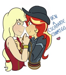 Size: 756x861 | Tagged: safe, artist:horsegirlpodcast, character:applejack, character:sunset shimmer, species:eqg human, ship:appleshimmer, g4, black hat, bound, clothing, dress, duo, hat, heart, lasso, lesbian, looking at each other, rope, simple background, spanish, tied, white background