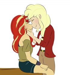Size: 1080x1153 | Tagged: safe, artist:horsegirlpodcast, character:applejack, character:sunset shimmer, species:eqg human, ship:appleshimmer, g4, blushing, boop, clothing, duo, height difference, lesbian, noseboop, pants, shirt, shorts, simple background, smiling, white background