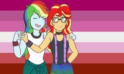 Size: 1242x746 | Tagged: safe, artist:horsegirlpodcast, character:rainbow dash, character:sunset shimmer, species:eqg human, ship:sunsetdash, g4, clothing, duo, glasses, heart, lesbian, lesbian pride flag, open mouth, plaid, pride flag, shirt, smiling, smirk, suspenders