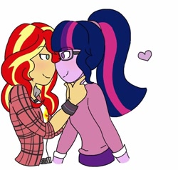 Size: 768x732 | Tagged: safe, artist:horsegirlpodcast, character:sunset shimmer, character:twilight sparkle, character:twilight sparkle (scitwi), species:eqg human, ship:scitwishimmer, g4, blushing, clothing, duo, flannel, glasses, heart, lesbian, plaid, shirt, smiling