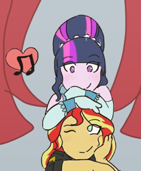 Size: 720x870 | Tagged: safe, artist:horsegirlpodcast, character:sunset shimmer, character:twilight sparkle, character:twilight sparkle (eqg), species:eqg human, ship:sunsetsparkle, g4, blushing, dress, duo, hair bun, heart, lesbian, looking at each other, music note, one eye closed, smiling, wink